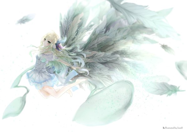 Anime picture 4093x2894 with fairy tail mavis vermillion jomill single long hair blush highres blonde hair green eyes absurdres barefoot bare legs outstretched arm arched back girl dress wings feather (feathers)