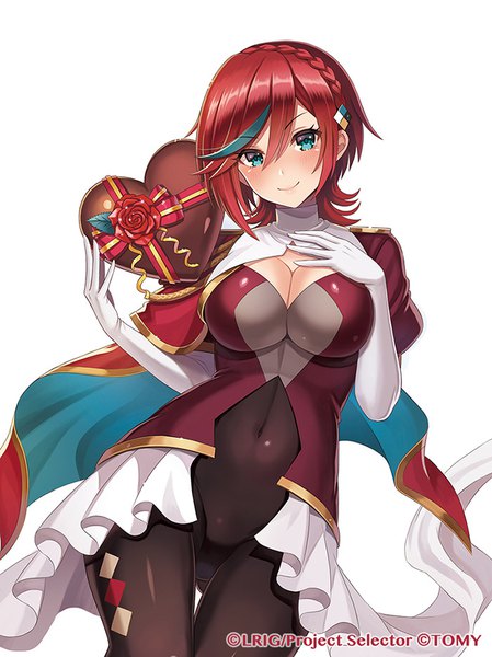 Anime picture 700x935 with wixoss ril (wixoss) madopen single tall image looking at viewer blush fringe short hair breasts light erotic simple background smile hair between eyes large breasts white background holding green eyes red hair braid (braids)