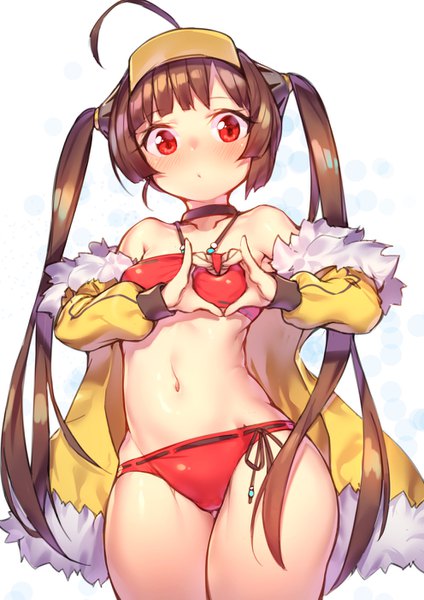 Anime picture 992x1403 with azur lane ping hai (azur lane) ping hai (merry summer) (azur lane) shennai misha single long hair tall image looking at viewer blush fringe light erotic simple background red eyes brown hair white background twintails bare shoulders ahoge blunt bangs off shoulder