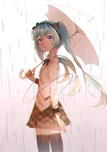 Anime picture 1748x2480 with vocaloid hatsune miku illian-san single long hair tall image looking at viewer fringe highres blue eyes hair between eyes standing twintails holding pleated skirt wind aqua hair tears rain crying