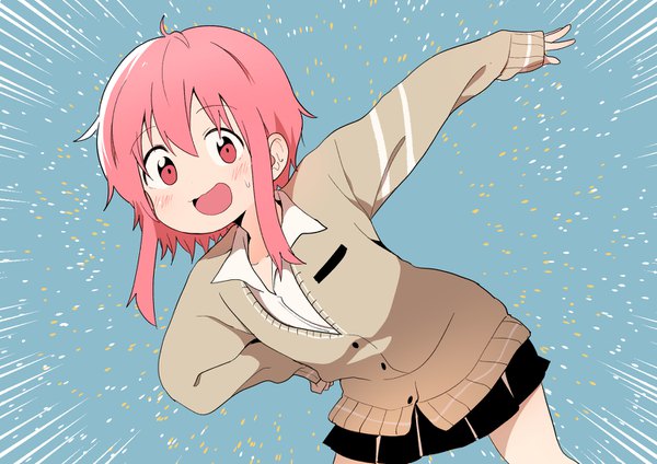 Anime picture 1500x1060 with bural chingu lee ji-eun luke (dydansgur) single looking at viewer blush fringe short hair open mouth simple background hair between eyes payot pink hair ahoge :d pink eyes leaning hand on hip outstretched arm open collar