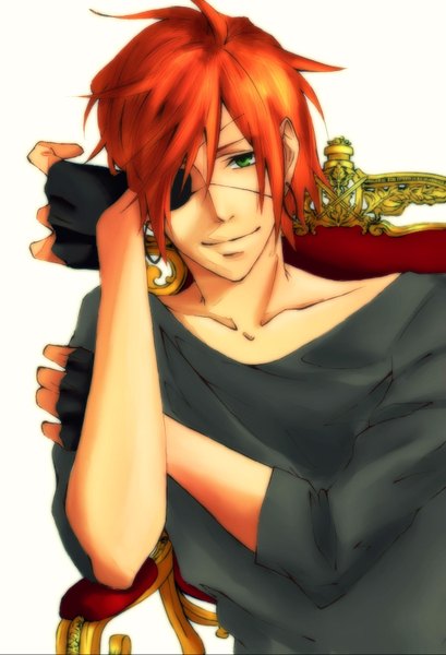 Anime picture 1170x1717 with d.gray-man lavi single tall image short hair simple background smile brown hair white background sitting green eyes red hair boy fingerless gloves eyepatch