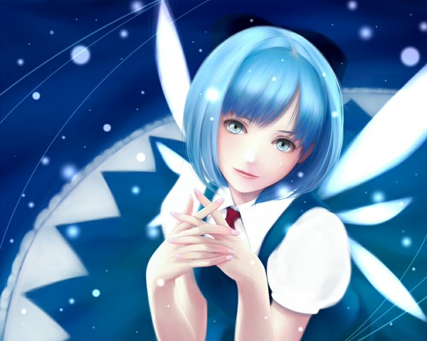 Anime picture 1000x800 with touhou cirno yori (shitsuon) single looking at viewer short hair blue eyes blue hair from above interlocked fingers girl dress bow hair bow wings