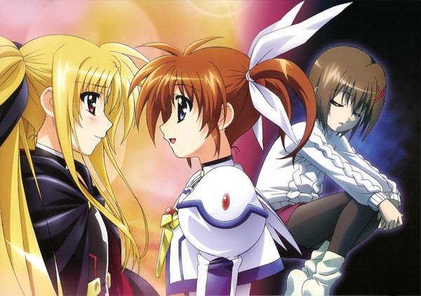 Anime picture 4100x2887 with mahou shoujo lyrical nanoha fate testarossa takamachi nanoha yagami hayate long hair highres short hair open mouth blue eyes blonde hair smile red eyes brown hair multiple girls absurdres eyes closed profile scan orange hair official art