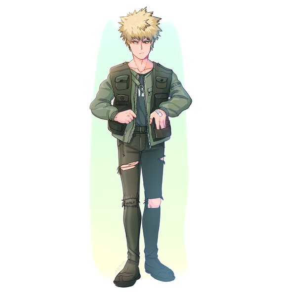 Anime picture 2273x2300 with boku no hero academia studio bones bakugou katsuki kos-tyan single tall image fringe highres short hair simple background blonde hair red eyes standing white background looking away full body long sleeves open jacket torn clothes hand in pocket