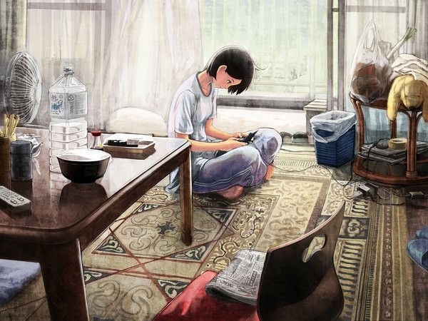 Anime picture 1024x768 with original shirakaba single short hair black hair sitting ahoge indoors profile barefoot crossed legs indian style playing games girl window curtains toy stuffed animal t-shirt table
