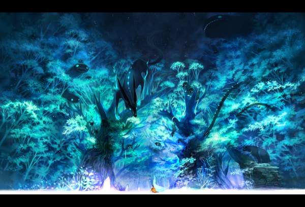 Anime picture 1400x950 with original kajimiya (kaji) night wallpaper glowing plant (plants) animal tree (trees) forest monster snake bear