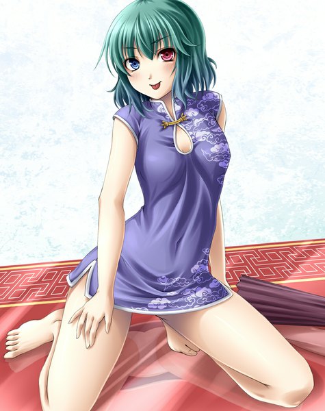 Anime picture 825x1042 with touhou tatara kogasa mochi.f single tall image short hair light erotic green hair heterochromia reflection chinese clothes :p closed umbrella girl dress tongue umbrella chinese dress