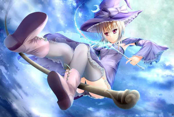 Anime picture 3508x2365 with garyljq single highres short hair light erotic blonde hair red eyes absurdres girl thighhighs underwear panties witch hat broom wand