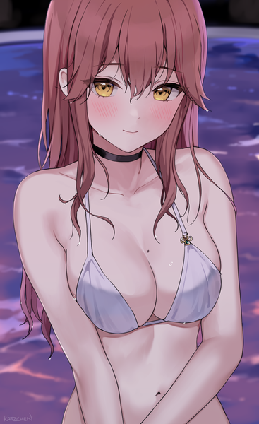 Anime picture 2888x4725 with original liliya (kaetzchen) kaetzchen single long hair tall image looking at viewer blush fringe highres breasts light erotic hair between eyes large breasts yellow eyes upper body red hair mole wet mole on breast
