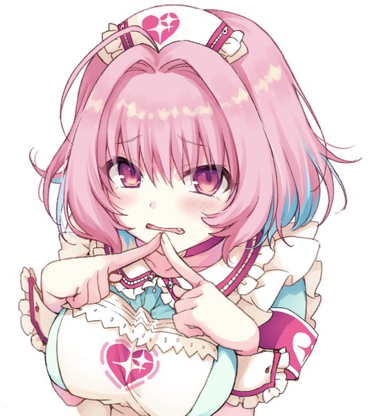 Anime picture 1178x1331 with idolmaster idolmaster cinderella girls yumemi riamu 2980 single tall image looking at viewer blush short hair breasts open mouth simple background white background pink hair upper body ahoge pink eyes multicolored hair from above two-tone hair