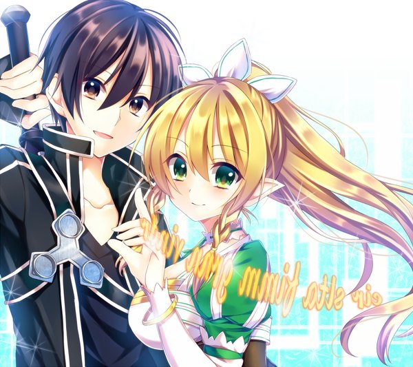 Anime picture 900x800 with sword art online a-1 pictures kirigaya kazuto leafa saijou haruki long hair blush short hair black hair blonde hair smile white background brown eyes green eyes ponytail braid (braids) parted lips twin braids girl dress