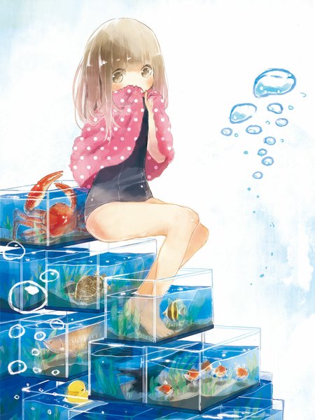 Anime picture 750x1000 with original oomiya single long hair tall image blush fringe brown hair sitting brown eyes looking away barefoot girl swimsuit animal one-piece swimsuit bubble (bubbles) fish (fishes) towel school swimsuit