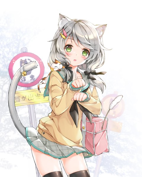 Anime picture 1600x2000 with original juna single long hair tall image looking at viewer blush open mouth standing twintails green eyes animal ears silver hair tail animal tail cat ears :o cat girl cat tail zettai ryouiki