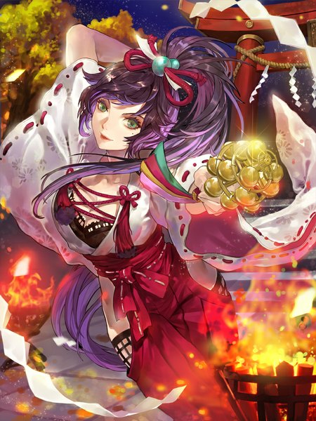 Anime picture 750x1000 with sengoku saga mochizuki chiyome (sengoku saga) tob single tall image looking at viewer fringe black hair standing green eyes cleavage purple hair outdoors ponytail very long hair traditional clothes parted lips head tilt japanese clothes multicolored hair