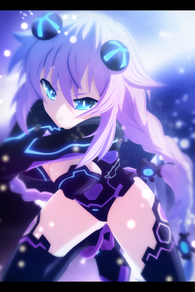 Anime picture 3000x4484 with choujigen game neptune purple heart nuclearagent single long hair tall image highres blue eyes light erotic pink hair braid (braids) twin braids coloring light letterboxed girl thighhighs black thighhighs