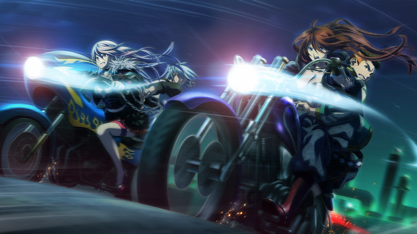 Anime picture 1280x720 with disorder 6 joe (disorder 6) shiina (disorder 6) long hair short hair blue eyes red eyes brown hair wide image multiple girls pink hair game cg ponytail girl dress boy 2 girls boots chain motorcycle