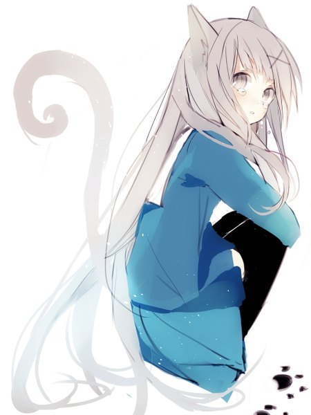 Anime picture 960x1280 with original fuyusuke single long hair tall image looking at viewer fringe animal ears tail animal tail looking back grey hair cat ears cat girl cat tail grey eyes cute footprints girl teardrop