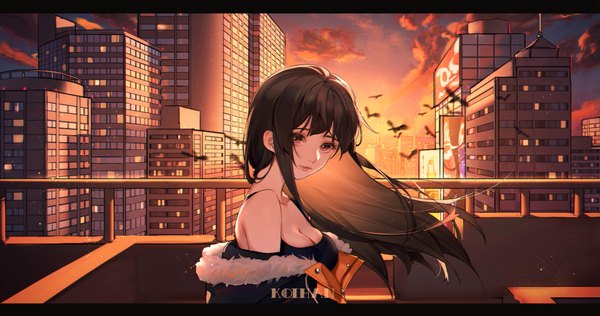Anime picture 4096x2160 with original koi han single long hair looking at viewer fringe highres breasts light erotic black hair red eyes wide image standing signed payot absurdres cleavage cloud (clouds) upper body outdoors