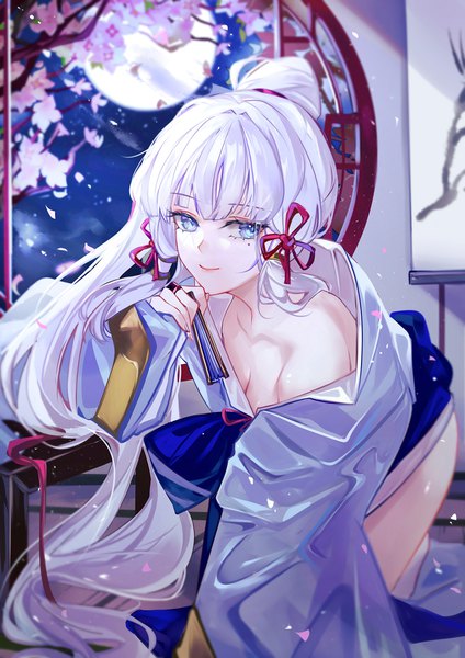 Anime picture 1979x2800 with genshin impact kamisato ayaka vardan single long hair tall image highres blue eyes light erotic smile cleavage silver hair ponytail indoors traditional clothes japanese clothes mole mole under eye cherry blossoms on all fours