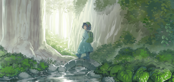 Anime picture 2317x1094 with touhou kawashiro nitori monosenbei single looking at viewer highres short hair blue eyes wide image blue hair long sleeves looking back from behind walking scenic hands in pockets stream girl skirt plant (plants)