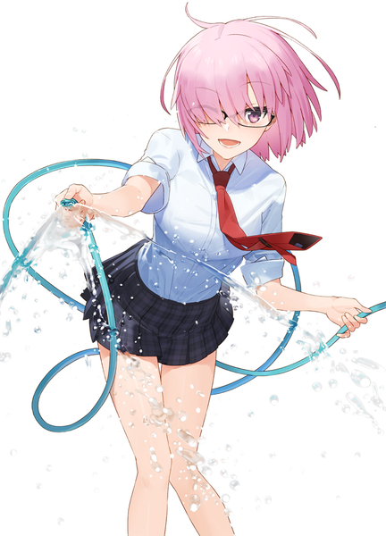 Anime picture 721x1000 with fate (series) fate/grand order mash kyrielight hayashi kewi single tall image looking at viewer blush fringe short hair breasts open mouth simple background smile standing white background purple eyes holding pink hair ahoge