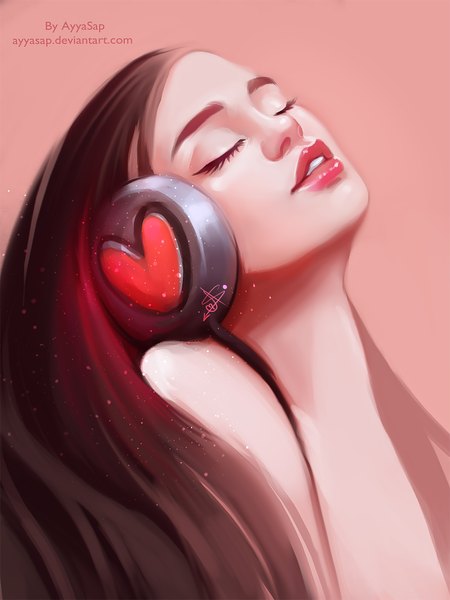 Аниме картинка 1536x2048 с айя сапарниязова один (одна) длинные волосы высокое изображение чёрные волосы простой фон закрытые глаза губы реалистичный розовый фон девушка наушники