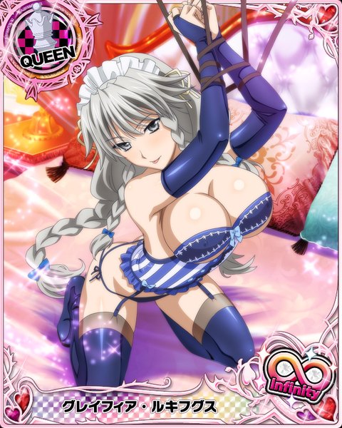 Anime picture 640x800 with highschool dxd grayfia lucifuge single long hair tall image looking at viewer breasts light erotic large breasts cleavage braid (braids) grey hair grey eyes card (medium) bondage girl thighhighs underwear panties headdress