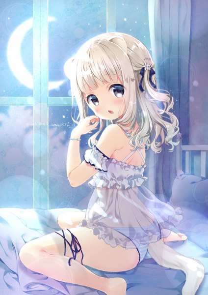 Anime picture 1000x1414 with original neki (wakiko) single long hair tall image looking at viewer blush fringe open mouth light erotic sitting bare shoulders signed animal ears payot silver hair full body bent knee (knees) tail head tilt