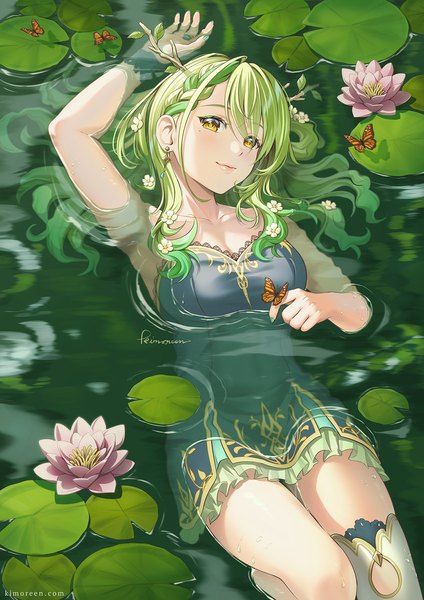 Anime-Bild 1414x2000 mit virtual youtuber hololive hololive english ceres fauna ceres fauna (1st costume) kimopoleis single long hair tall image yellow eyes hair flower green hair mole sleeveless mole under eye partially submerged butterfly on hand afloat girl dress