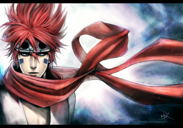 Anime picture 1000x700 with houshin engi nataku ninjatic single looking at viewer short hair blue eyes simple background white background red hair aqua eyes wind tattoo letterboxed face paint boy scarf bandana
