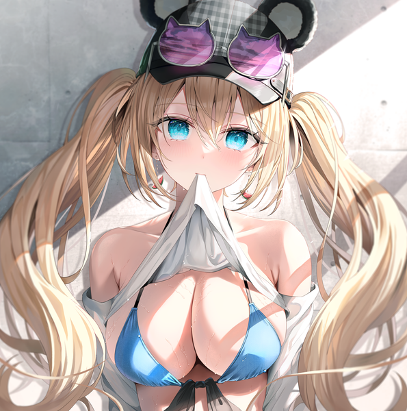 Anime picture 1850x1864 with original rin yuu single long hair tall image looking at viewer blush fringe highres breasts blue eyes light erotic blonde hair hair between eyes large breasts twintails holding animal ears payot upper body
