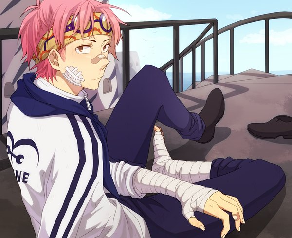 Anime picture 1350x1100 with one piece toei animation coby (one piece) mako1124 single looking at viewer sitting brown eyes pink hair sky scar shoes removed bandaid on face bandaid on nose boy glasses shoes hairband bandage (bandages) bandaid