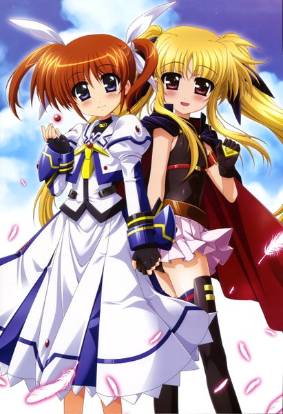 Anime picture 4076x5938 with mahou shoujo lyrical nanoha nyantype fate testarossa takamachi nanoha higa yukari long hair tall image blush highres open mouth blue eyes blonde hair red eyes twintails multiple girls absurdres orange hair official art girl dress