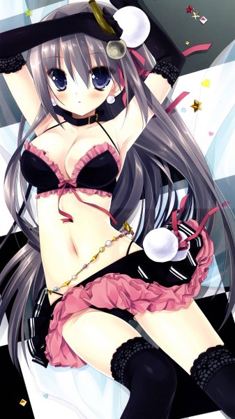 Anime-Bild 1440x2560 mit original miyasu risa single long hair tall image blush breasts blue eyes light erotic grey hair midriff girl thighhighs skirt gloves navel underwear panties black thighhighs pantyhose