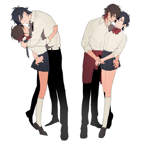 Anime picture 1486x1500 with touken ranbu nitroplus ookurikara shokudaikiri mitsutada syubare long hair tall image short hair black hair simple background smile brown hair white background multiple girls eyes closed pleated skirt multiple boys couple holding hands low ponytail