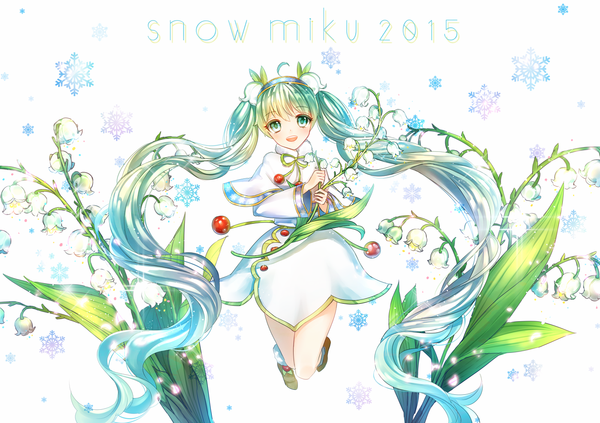 Anime picture 1400x989 with vocaloid hatsune miku yuki miku yuki miku (2015) ransae single looking at viewer fringe open mouth twintails green eyes very long hair multicolored hair green hair wide sleeves happy gradient hair girl dress flower (flowers)