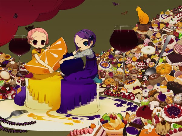 Anime picture 1260x940 with short hair blue eyes purple eyes multiple girls pink hair purple hair one eye closed wink orange background girl 2 girls food sweets insect butterfly cat fruit cake fork lemon