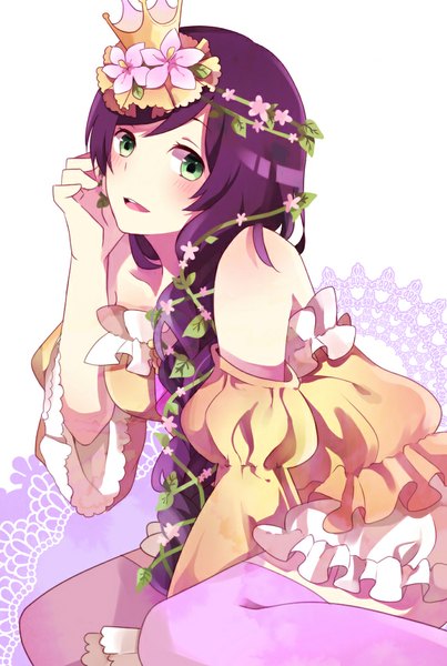 Anime picture 698x1038 with love live! school idol project sunrise (studio) love live! toujou nozomi goroo (eneosu) single long hair tall image looking at viewer blush open mouth smile sitting bare shoulders green eyes purple hair bent knee (knees) braid (braids) hair flower kneeling