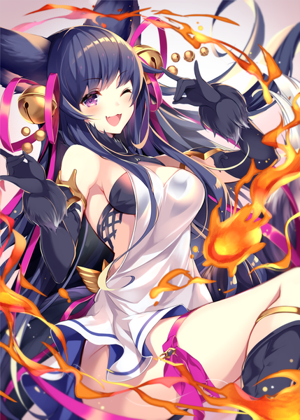 Anime picture 1500x2098 with granblue fantasy yuel (granblue fantasy) homaderi single long hair tall image looking at viewer blush fringe breasts open mouth light erotic large breasts purple eyes animal ears blue hair tail animal tail one eye closed wink