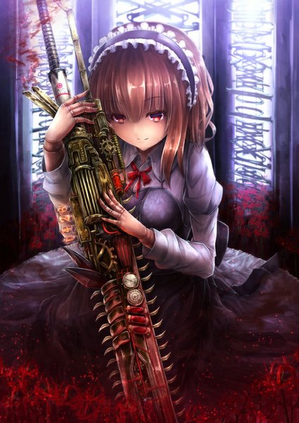 Anime picture 706x1000 with original kakigouri single tall image fringe short hair smile red eyes brown hair lolita fashion goth-loli girl flower (flowers) weapon hairband blood lolita hairband chainsaw puppet