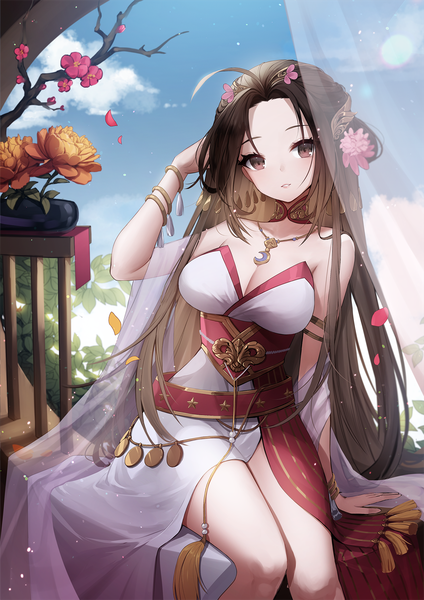 Anime picture 1400x1980 with romance of the three kingdoms ango single long hair tall image looking at viewer fringe breasts light erotic brown hair large breasts sitting brown eyes sky cleavage cloud (clouds) ahoge traditional clothes parted lips arm up