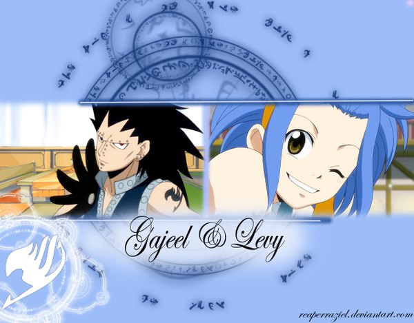 Anime picture 1280x1002 with fairy tail gajeel redfox levy mcgarden long hair black hair simple background smile red eyes brown eyes blue hair one eye closed wink tattoo piercing magic girl boy choker magic circle