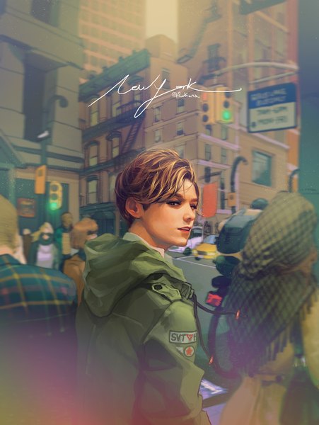 Anime picture 1300x1730 with real life seventeen vernon rukiana tall image looking at viewer fringe short hair smile brown hair brown eyes signed parted lips looking back lips realistic city cityscape crosswalk boy