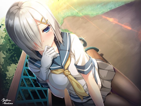 Anime picture 1600x1200 with kantai collection hamakaze destroyer moeki yuuta single looking at viewer blush fringe short hair blue eyes sitting silver hair pleated skirt sunlight dutch angle tears lens flare finger to mouth girl skirt gloves