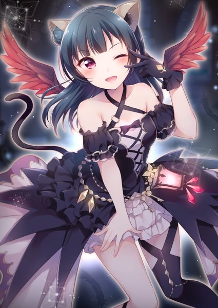 Anime picture 1200x1694 with love live! sunshine!! sunrise (studio) love live! tsushima yoshiko hazuki (sutasuta) single long hair tall image looking at viewer blush open mouth smile standing purple eyes bare shoulders animal ears blue hair bent knee (knees) tail animal tail