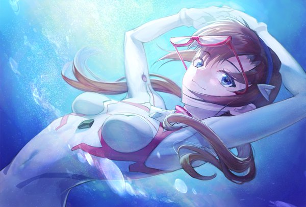 Anime picture 2847x1925 with neon genesis evangelion rebuild of evangelion evangelion: 3.0+1.0 thrice upon a time gainax makinami mari illustrious motiko single long hair looking at viewer highres blue eyes smile brown hair twintails upper body low twintails covered navel underwater eyewear removed girl