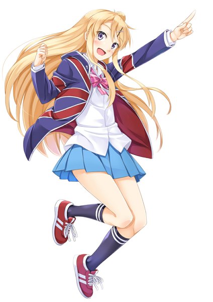 Anime picture 827x1169 with kin-iro mosaic kujou karen miri (ago550421) single long hair tall image looking at viewer blush open mouth simple background blonde hair white background purple eyes bent knee (knees) hair bun (hair buns) outstretched arm jumping pointing flag print girl