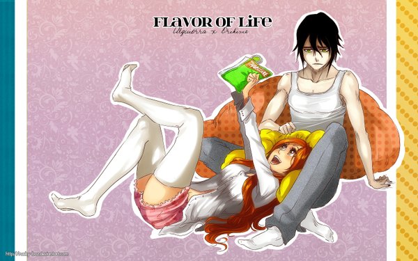 Anime picture 1440x900 with bleach studio pierrot inoue orihime ulquiorra schiffer rusky long hair blush short hair open mouth black hair wide image sitting brown eyes green eyes signed lying orange hair couple reading espada