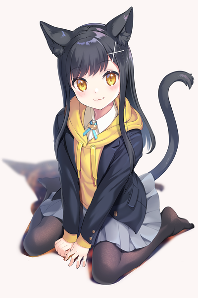 Anime picture 1333x2000 with original letta illust single long hair tall image looking at viewer blush fringe black hair simple background smile animal ears yellow eyes full body tail long sleeves animal tail pleated skirt from above cat ears